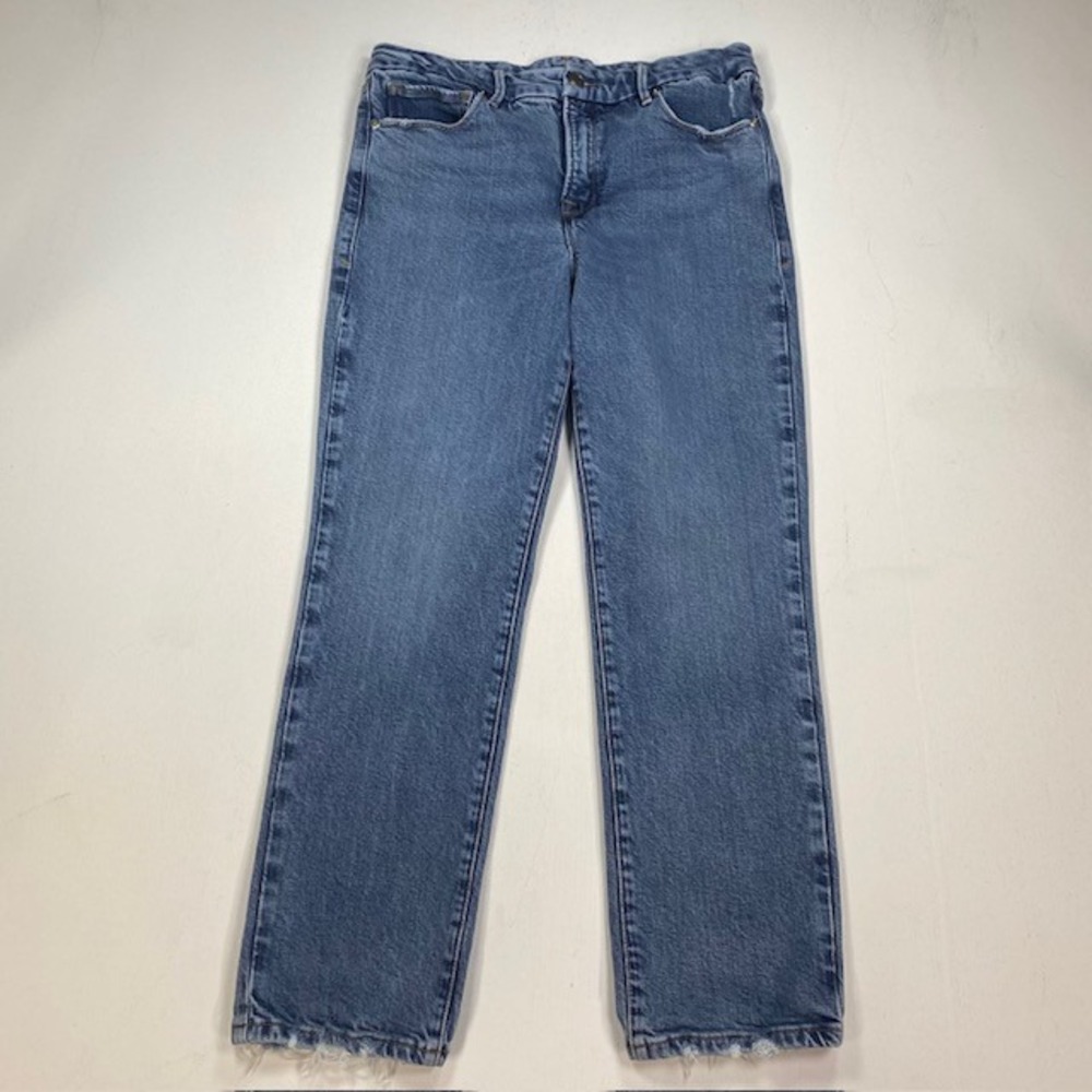 Good American Good Legs Straight Jeans Indigo Blue High Rise Raw Hem 10/30